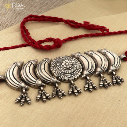 925 sterling silver choker necklace with flower design, tribal charm, ethnic jewelry set by TRIBAL ORNAMENTS.