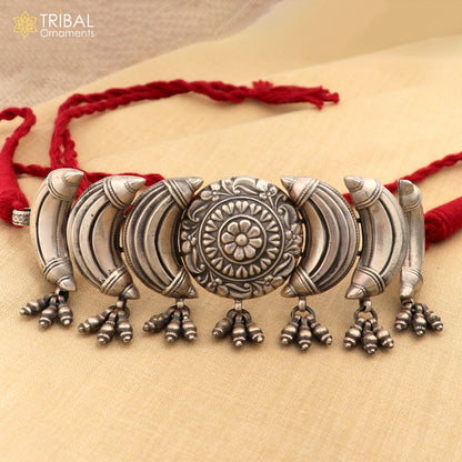 925 sterling silver tribal choker necklace with flower design and ethnic charm, part of the Tribal Ornaments jewelry set