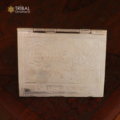 Sterling silver Shree Hanuman Chalisa 4-page Hindi book by Tribal Ornaments, a sacred Hindu puja article.