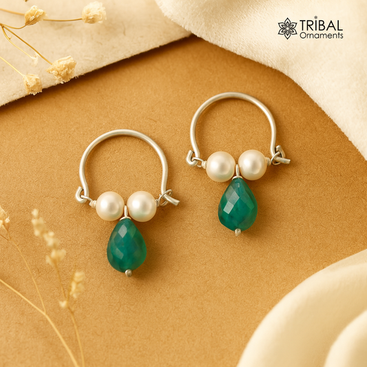 925 sterling silver custom made hoops earring, gorgeous hanging pearls and green stone ,hoops earring for kids, girl's gifting jewelry s911 - TRIBAL ORNAMENTS