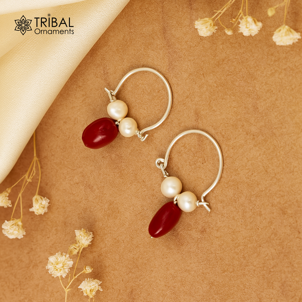 925 sterling silver custom made hoops earring, gorgeous hanging pearls drops hoops earring, stunning brides gifting jewelry s910 - TRIBAL ORNAMENTS