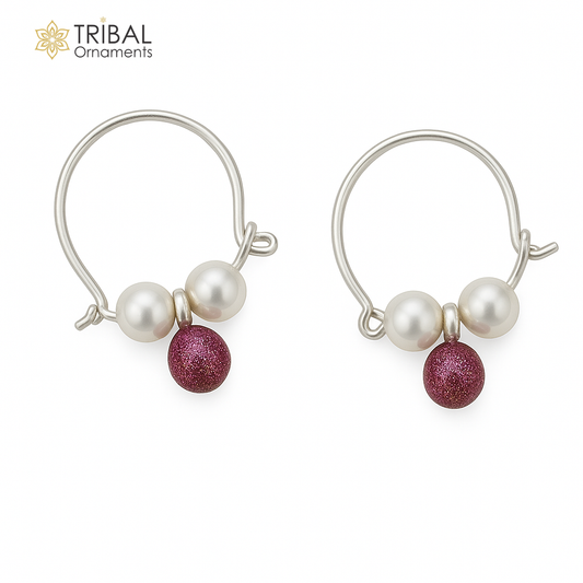 925 sterling silver custom made hoops earring, gorgeous hanging pearls, Vintage bali hoops earring for kids, girl's gifting jewelry s913 - TRIBAL ORNAMENTS