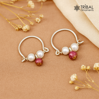 925 sterling silver custom made hoops earring, gorgeous hanging pearls, Vintage bali hoops earring for kids, girl's gifting jewelry s913 - TRIBAL ORNAMENTS