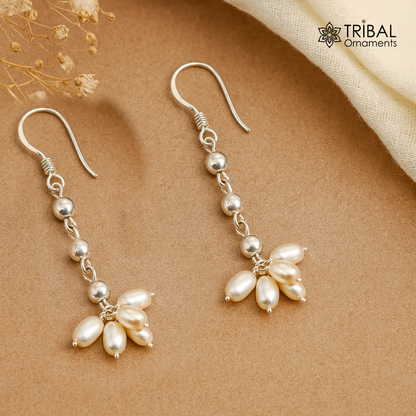 925 sterling silver custom-made hoops earring with a natural white pearl drop, perfect for bridesmaids and special occasions.