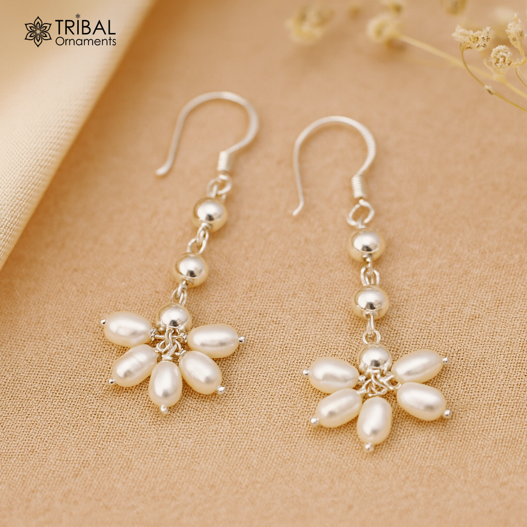 Sterling silver custom-made hoops earring with natural white pearl drop, perfect for bridesmaids and elegant occasions.