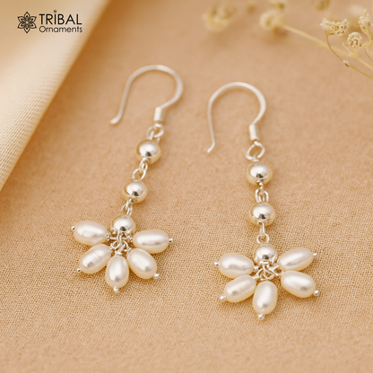 Sterling silver custom-made hoops earring with natural white pearl drop, perfect for bridesmaids and elegant occasions.