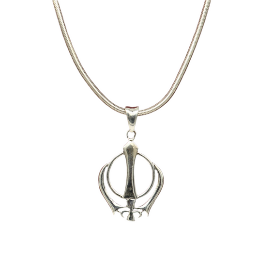 925 sterling silver Khalsa Waheguru symbol pendant featuring custom design and Sikh logo, ideal blessing jewelry from TRIBAL ORNAMENTS.
