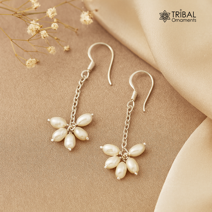 Sterling silver hoops with 4mm freshwater pearl, stylish and customized jewelry designed by TRIBAL ORNAMENTS for bridesmaids.