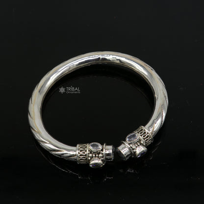 Sterling silver customizable flexible bangle bracelet with blue turquoise stone, stylish jewelry by TRIBAL ORNAMENTS.