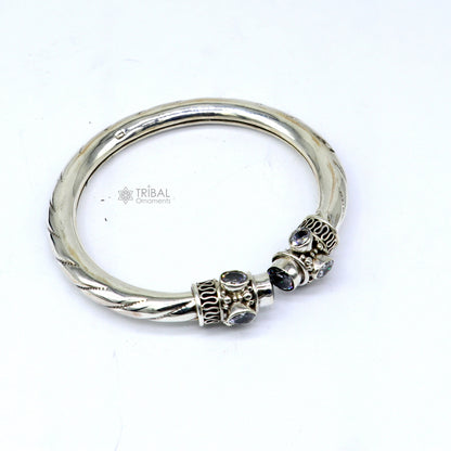Sterling silver customizable flexible bangle bracelet with blue turquoise stone, stylish jewelry by TRIBAL ORNAMENTS.