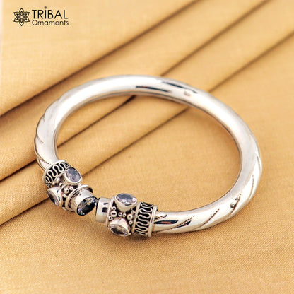 Sterling silver customizable flexible bangle bracelet with blue turquoise stone, stylish jewelry by TRIBAL ORNAMENTS.