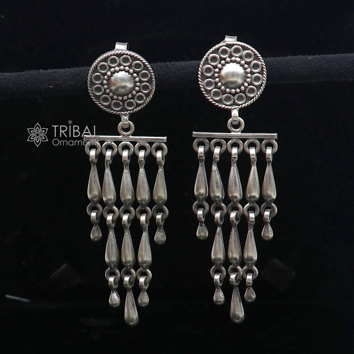 Sterling silver floral stud earring with stylish drop dangle design by TRIBAL ORNAMENTS, customized jewelry for elegant looks.
