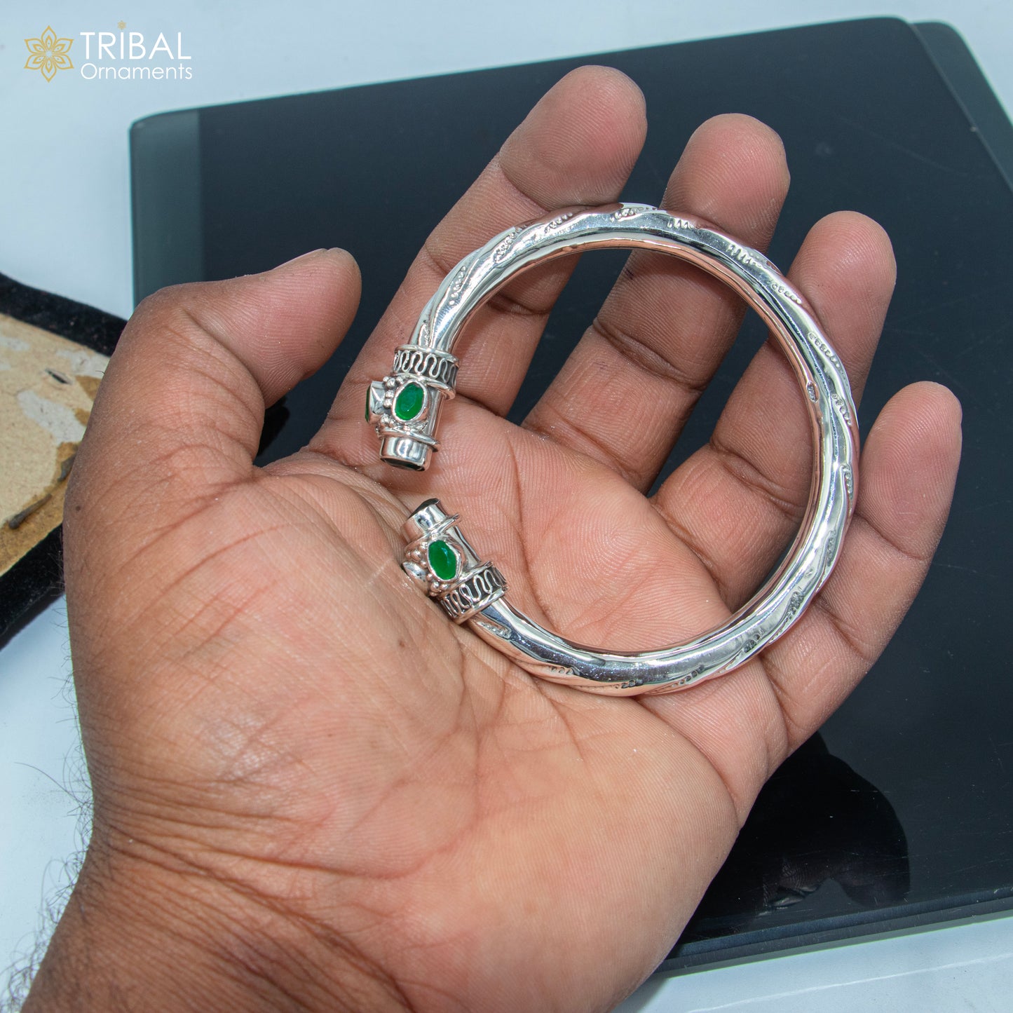 Sterling silver tribal bangle bracelet with green turquoise stone, handcrafted tribal jewelry cuff from TRIBAL ORNAMENTS.