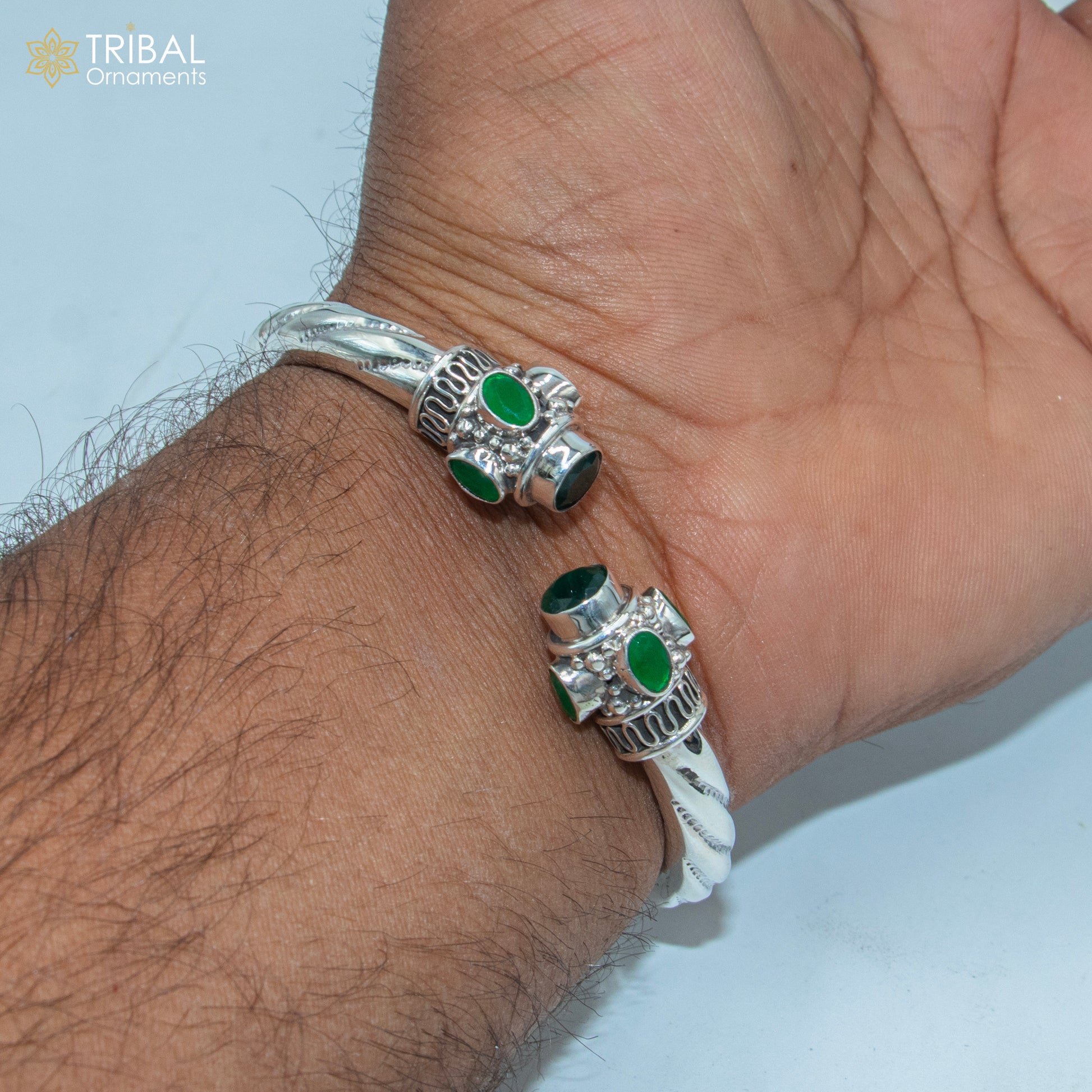Sterling silver tribal bangle bracelet with green turquoise stone, handcrafted tribal jewelry by TRIBAL ORNAMENTS.