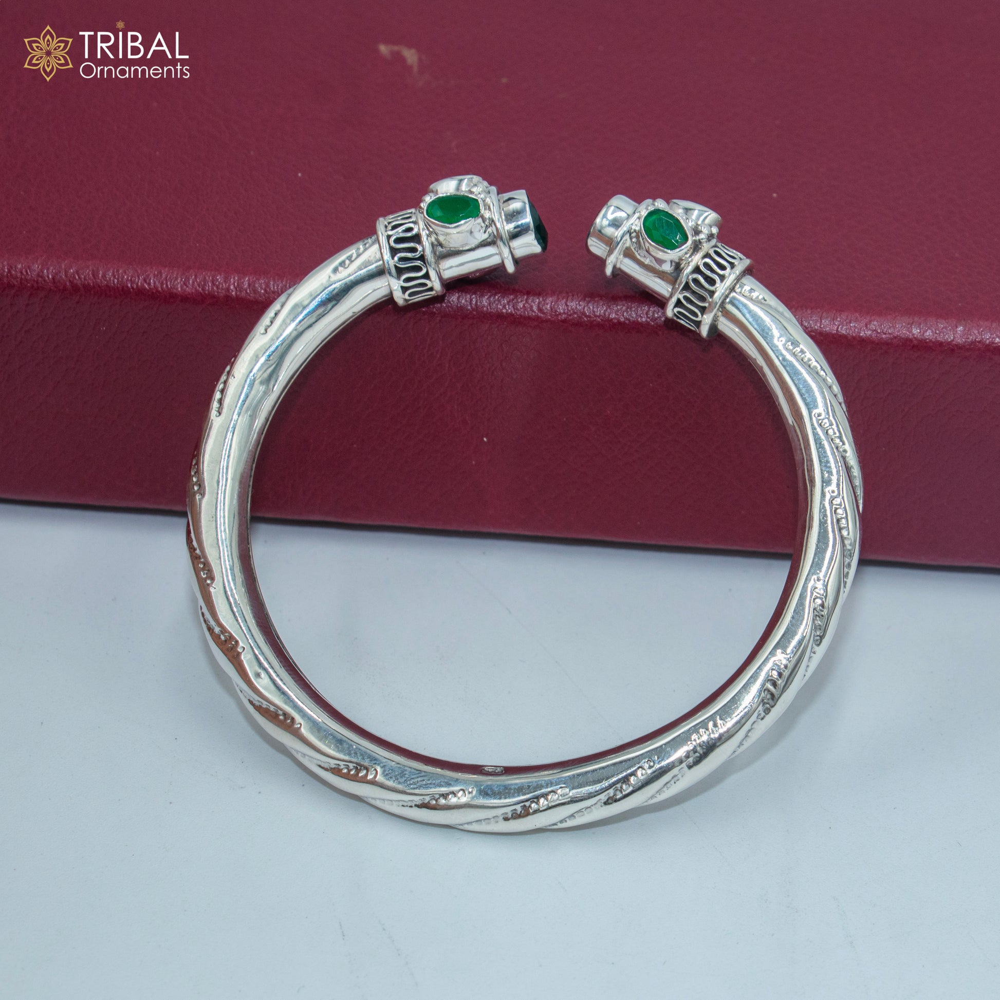 925 Sterling silver tribal bangle with green turquoise stone, customizable tribal jewelry cuff bracelet for women.