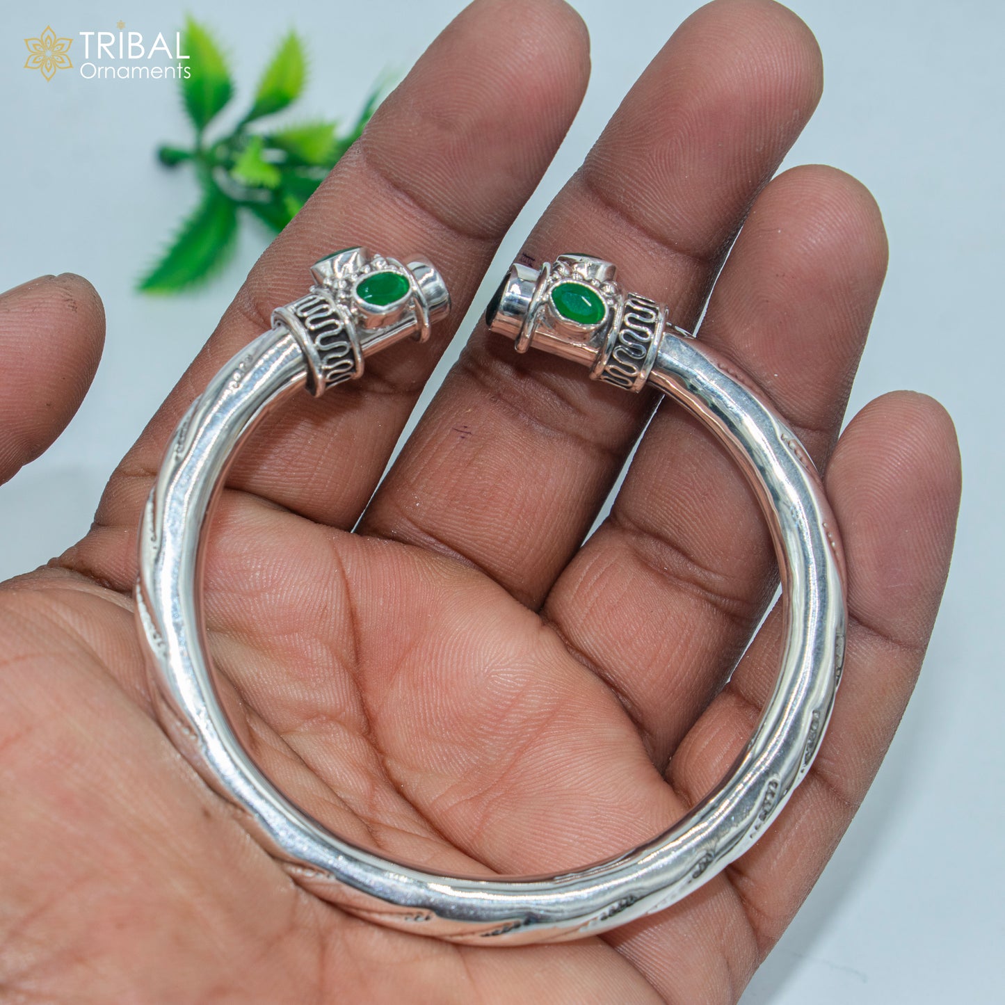 Sterling silver tribal bangle cuff with green turquoise stone, handcrafted tribal jewelry by TRIBAL ORNAMENTS.