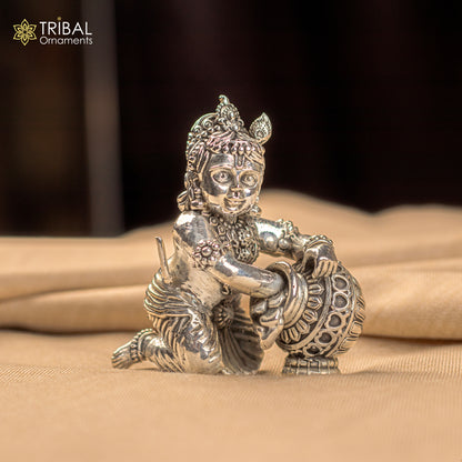 925 Sterling silver customized Idol Krishna Bal Gopal statue figurine, laddu gopal sculpture home temple utensil, silver article su208 - TRIBAL ORNAMENTS