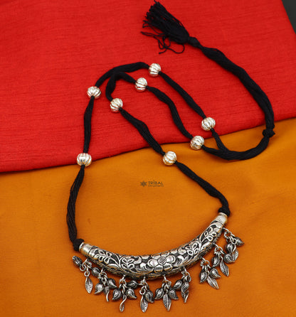 Sterling silver customized modern tribal charm necklace with delicate kandrai work and matching jewelry set by TRIBAL ORNAMENTS.
