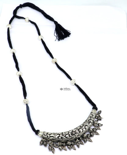 Sterling silver tribal charm necklace with modern chitai and kandrai work, paired with delicate jewelry set, by TRIBAL ORNAMENTS.
