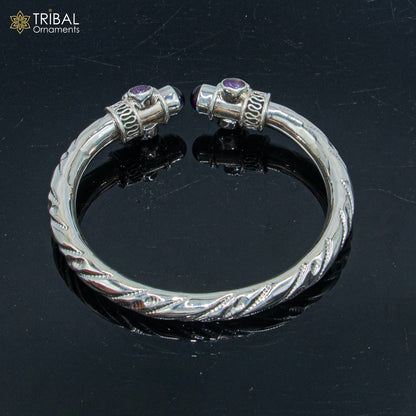 Unisex 925 sterling silver bangle with purple turquoise stone, tribal-style cuff bracelet by TRIBAL ORNAMENTS.