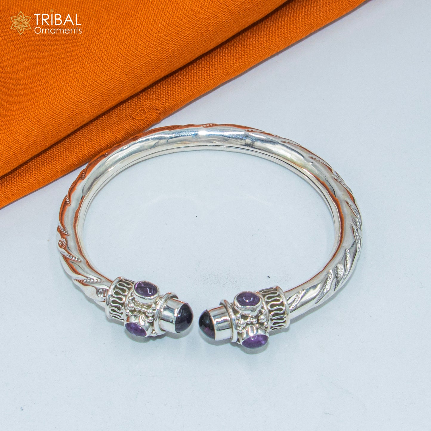 925 Sterling silver tribal bangle with purple turquoise stone, unisex customized cuff bracelet by TRIBAL ORNAMENTS.