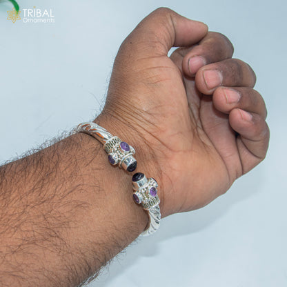 Sterling silver tribal bangle with purple turquoise stone, unisex cuff bracelet, handcrafted tribal jewelry by TRIBAL ORNAMENTS.