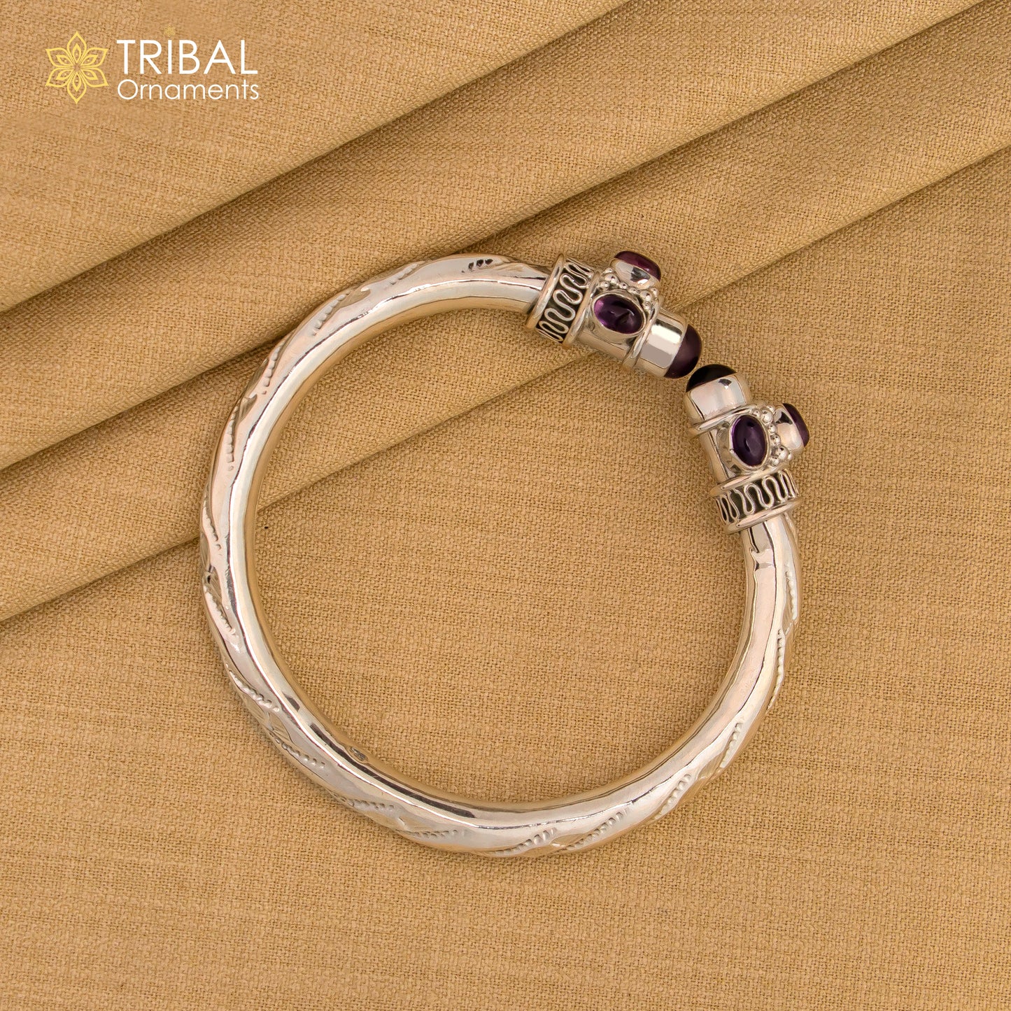 Sterling silver tribal bangle bracelet with purple turquoise stone, unisex cuff jewelry by TRIBAL ORNAMENTS.