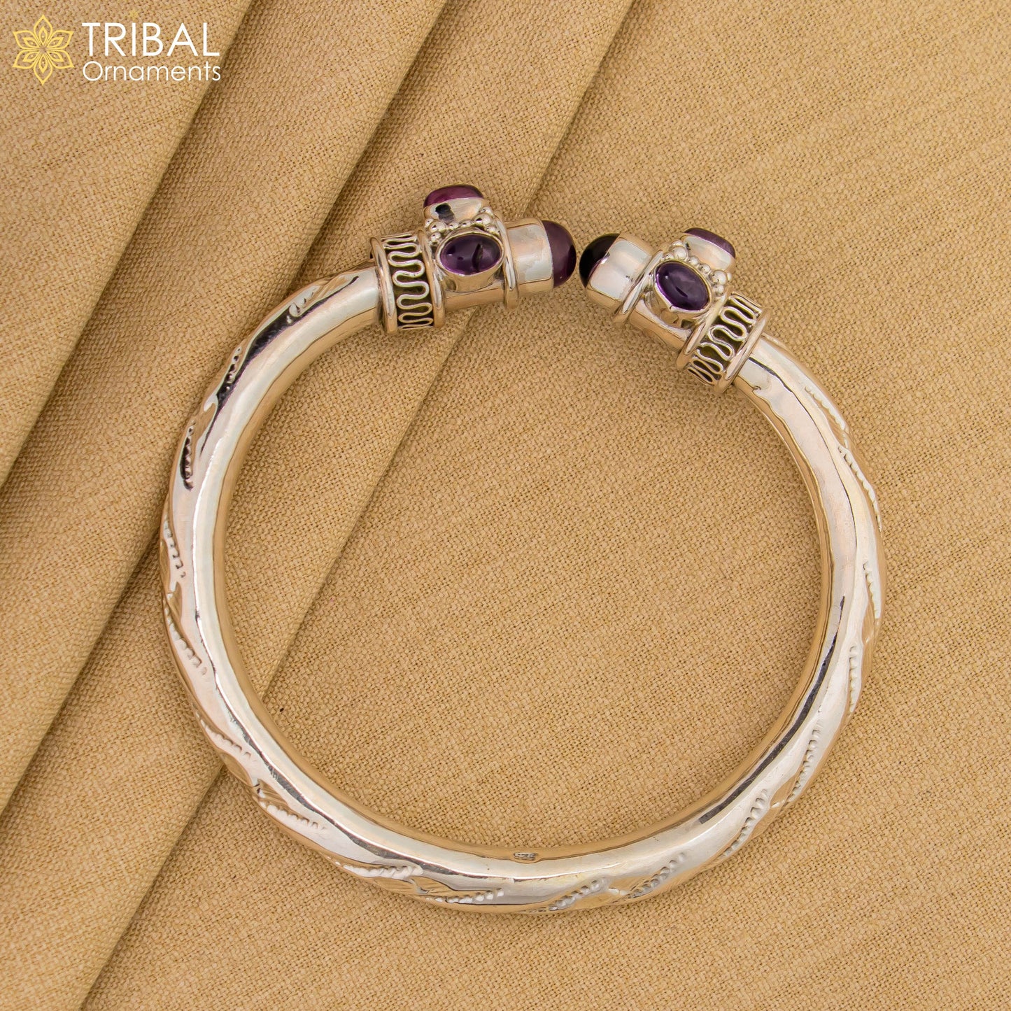 Unisex 925 Sterling silver tribal bangle with purple turquoise stone, featuring a customized cuff design from Tribal Ornaments.