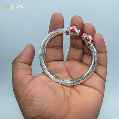 Unisex 925 Sterling silver tribal bangle with red stone detailing, customizable kada bracelet by TRIBAL ORNAMENTS.
