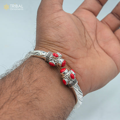 Unisex 925 sterling silver tribal bangle with a red stone, featuring engraved designs, handcrafted tribal jewelry by Tribal Ornaments.