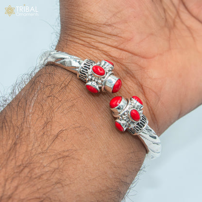 925 Sterling silver customized red stone tribal bangle cuff bracelet, unisex tribal jewelry by TRIBAL ORNAMENTS.