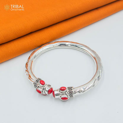 Unisex 925 Sterling silver tribal bangle bracelet with a red stone, customized design, traditional tribal jewelry by TRIBAL ORNAMENTS.
