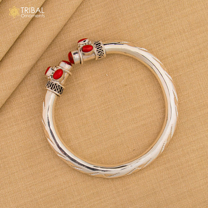 Unisex 925 Sterling silver tribal bangle with customized red stone design, traditional jewelry cuff bracelet.