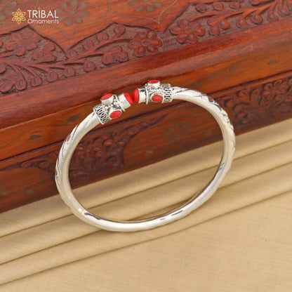 Unisex 925 sterling silver tribal bangle with customized red stone, traditional cuff bracelet from TRIBAL ORNAMENTS.