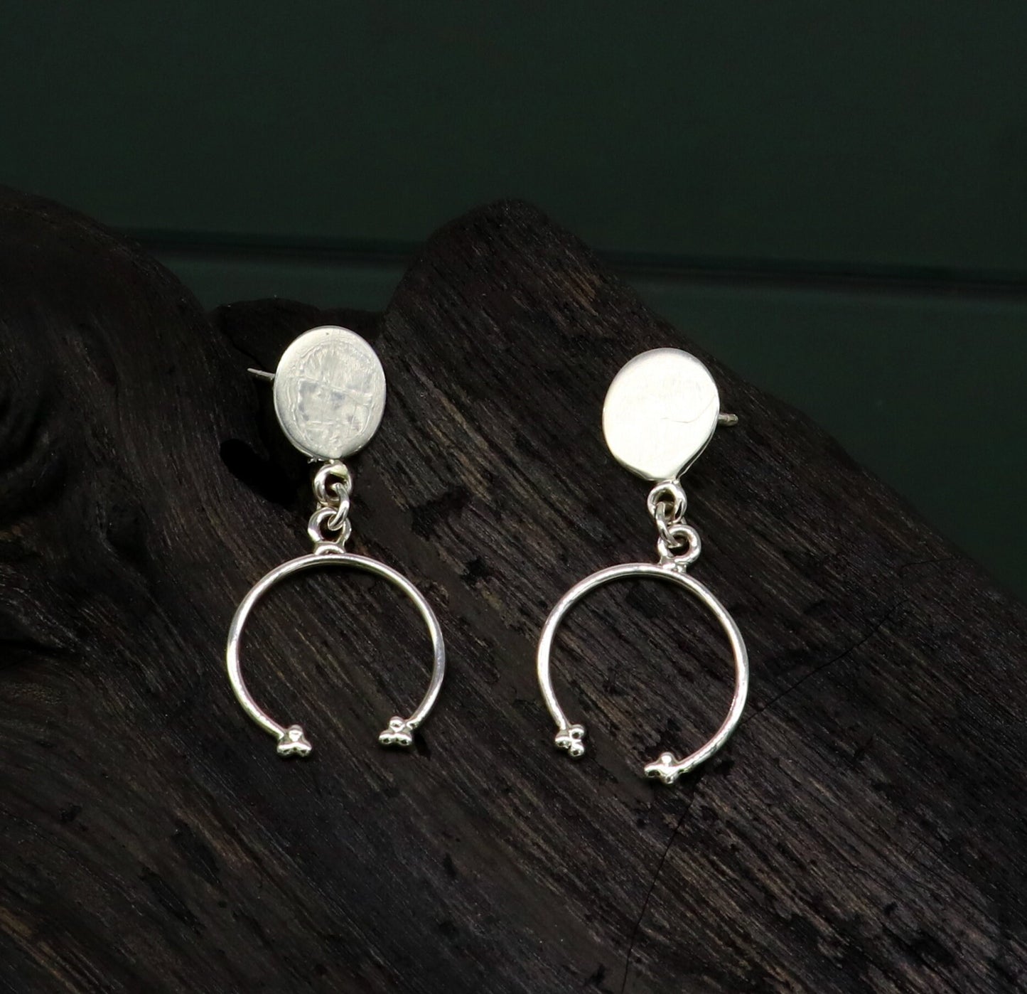 925 sterling silver dainty geometric stud and dangle earrings by TRIBAL ORNAMENTS, with customized unique design for elegant style.