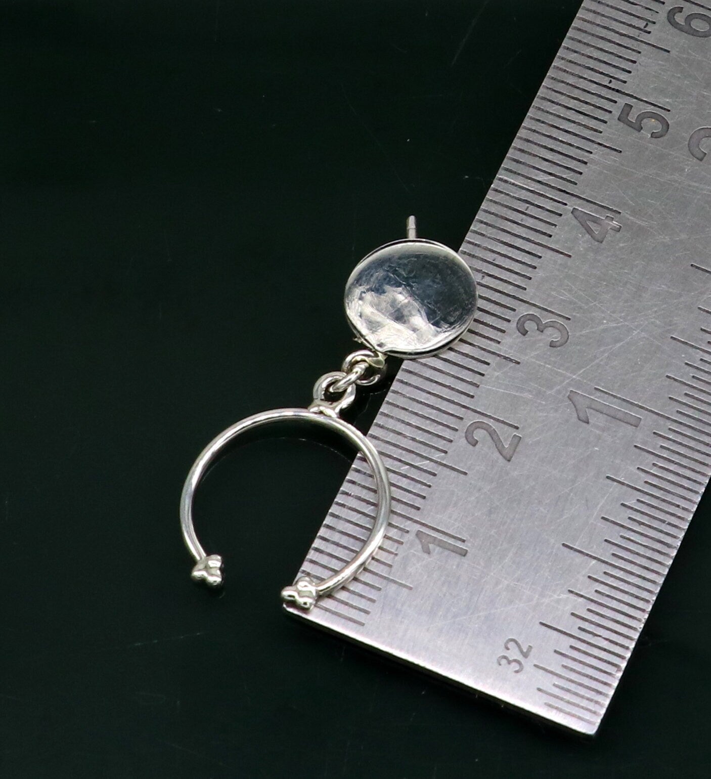 Sterling silver stud earring with geometric drop dangle design, customized elegant jewelry by TRIBAL ORNAMENTS for her ear.