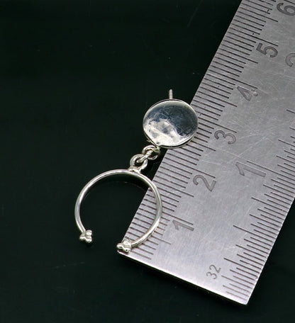 Sterling silver stud earring with geometric drop dangle design, customized elegant jewelry by TRIBAL ORNAMENTS for her ear.