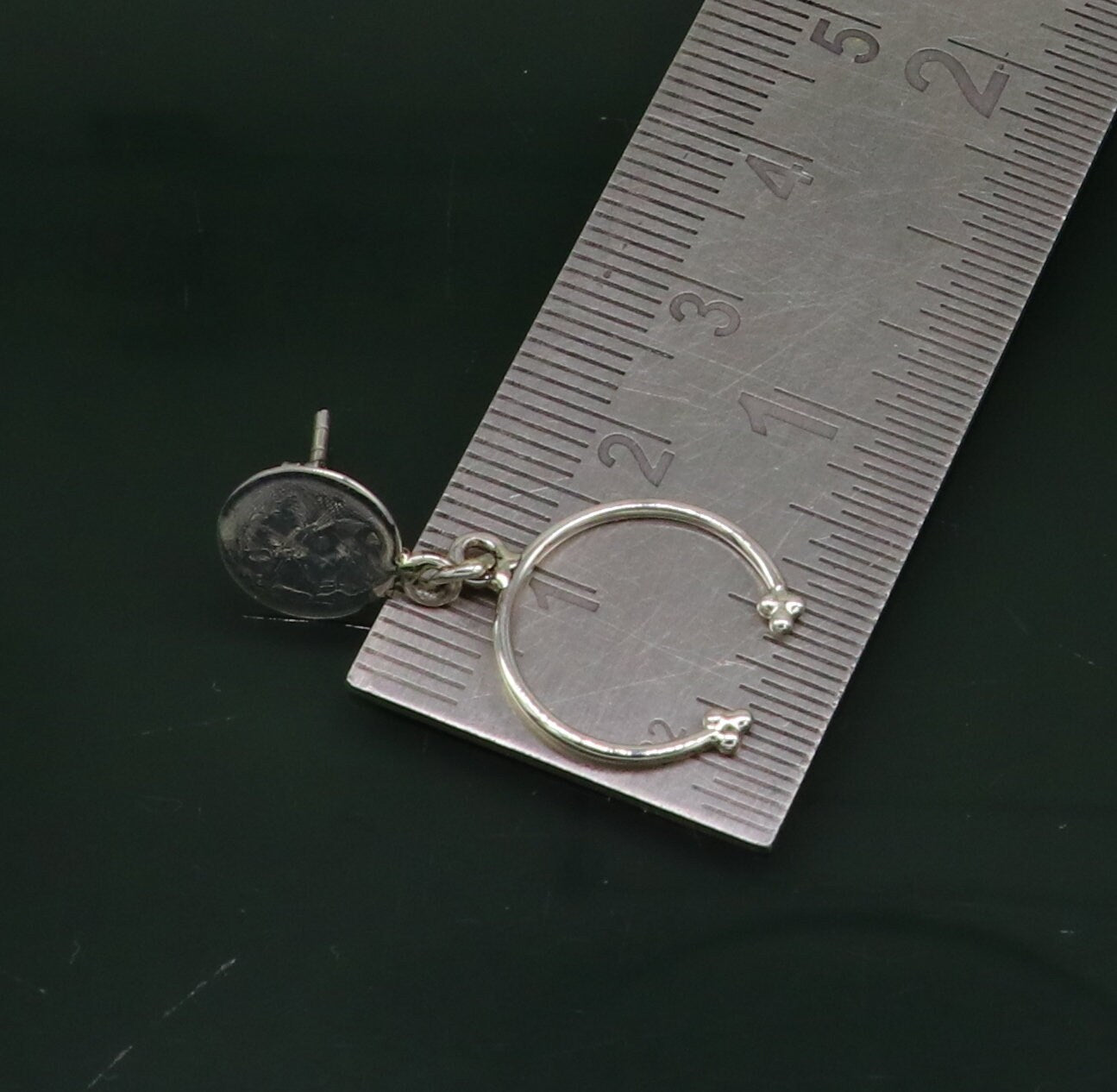 925 sterling silver dainty geometric stud earring with drop dangle design, elegant and customizable from TRIBAL ORNAMENTS.