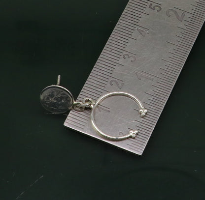 925 sterling silver dainty geometric stud earring with drop dangle design, elegant and customizable from TRIBAL ORNAMENTS.