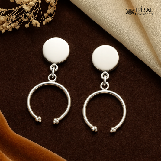 925 sterling silver custom geometric stud earring by TRIBAL ORNAMENTS, elegant dainty drop dangle design for women.