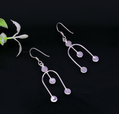 Sterling silver drop dangle hoop earring with custom unique design, stamped 925, from TRIBAL ORNAMENTS, fashionable jewelry for women