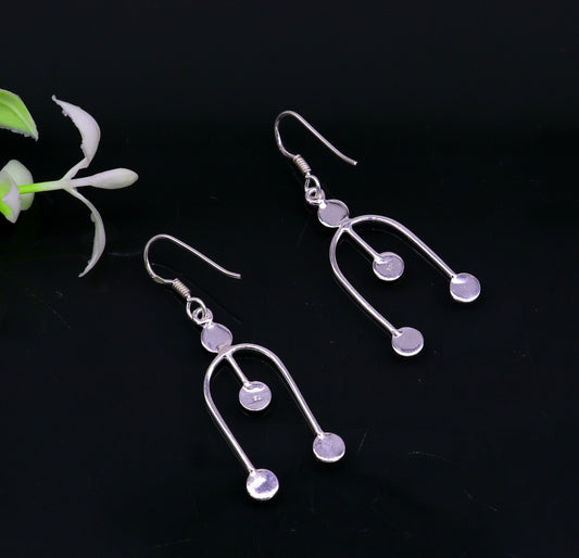 Sterling silver drop dangle hoop earring with custom unique design, stamped 925, from TRIBAL ORNAMENTS, fashionable jewelry for women