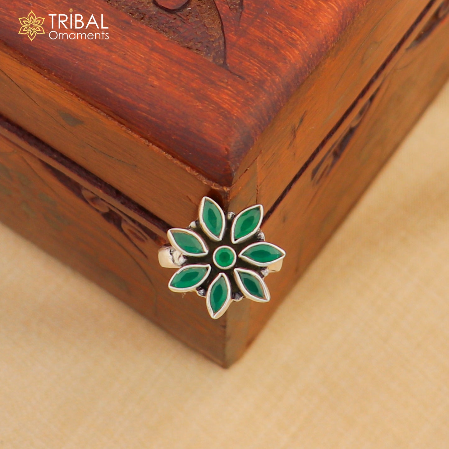 925 sterling silver cut stone green flower design ring adjustable for all sizes best girl's gifting  ring sr406 - TRIBAL ORNAMENTS