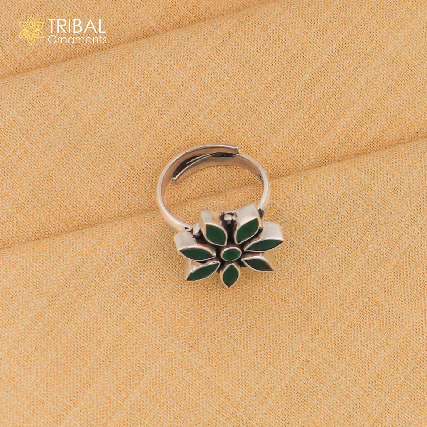 925 sterling silver cut stone green flower design ring adjustable for all sizes best girl's gifting  ring sr406 - TRIBAL ORNAMENTS