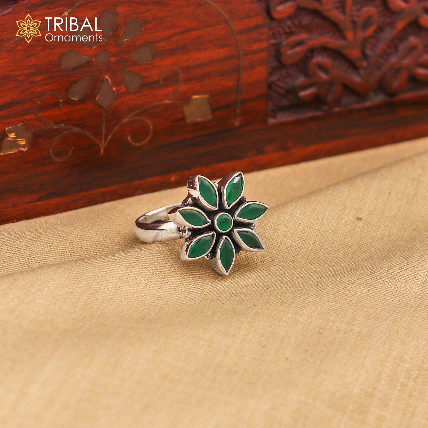 925 sterling silver cut stone green flower design ring adjustable for all sizes best girl's gifting  ring sr406 - TRIBAL ORNAMENTS