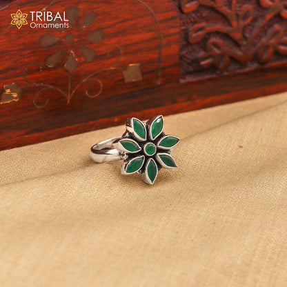 925 sterling silver cut stone green flower design ring adjustable for all sizes best girl's gifting  ring sr406 - TRIBAL ORNAMENTS