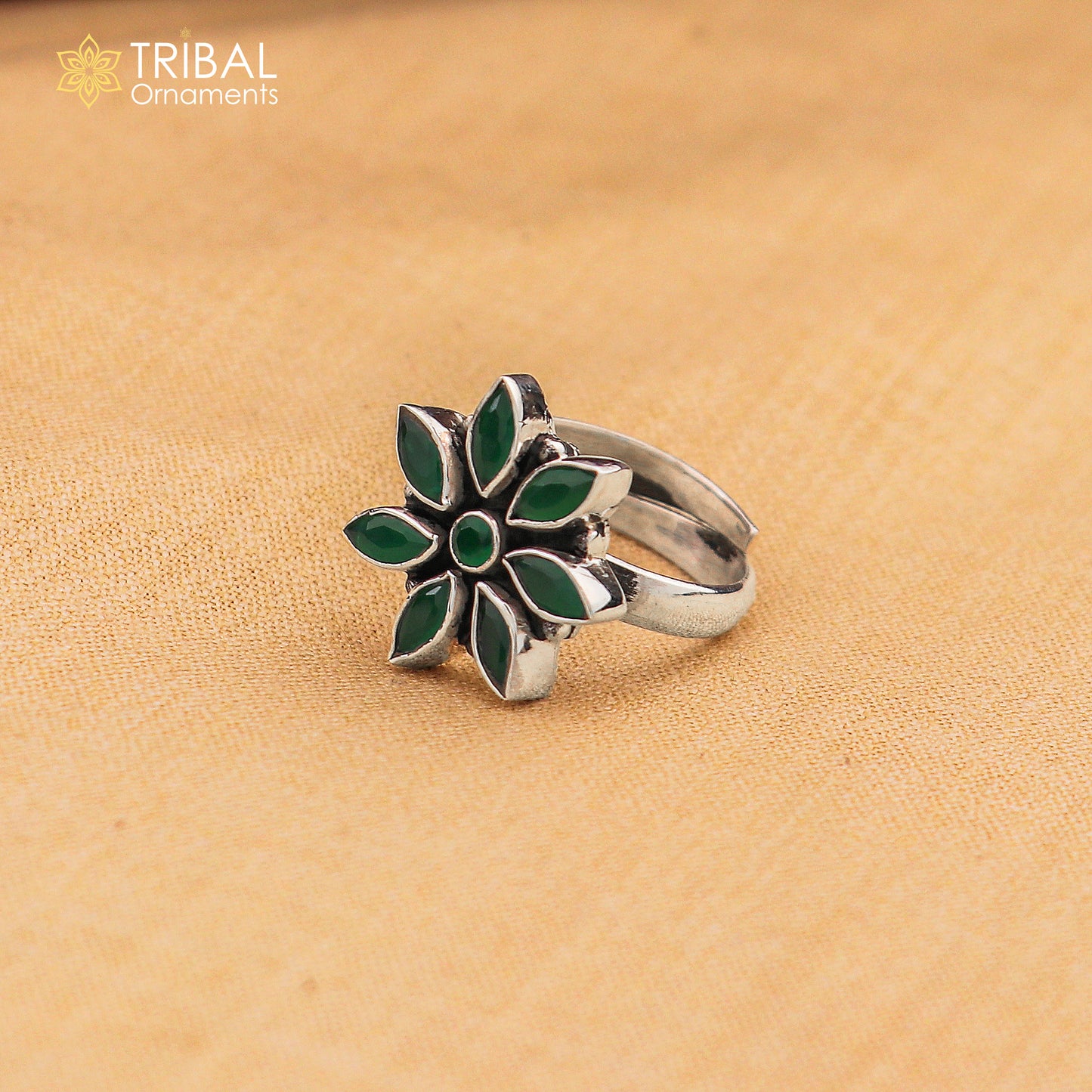 925 sterling silver cut stone green flower design ring adjustable for all sizes best girl's gifting  ring sr406 - TRIBAL ORNAMENTS