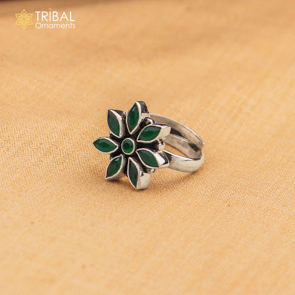 925 sterling silver cut stone green flower design ring adjustable for all sizes best girl's gifting  ring sr406 - TRIBAL ORNAMENTS