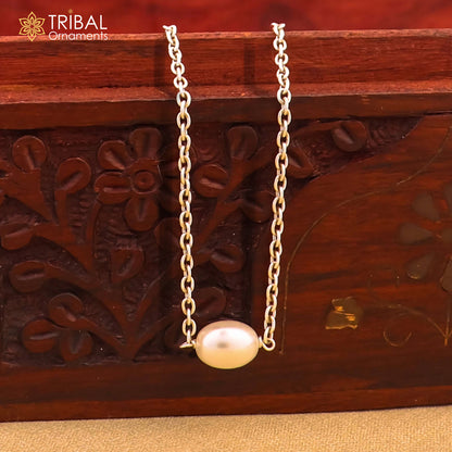 925 sterling silver custom chain necklace with pearl pendant, elegant tribal jewelry by TRIBAL ORNAMENTS.