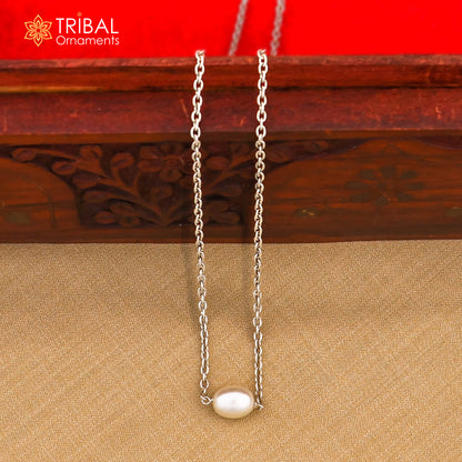 925 sterling silver custom chain necklace with tiny pearl pendant, elegant tribal jewelry by TRIBAL ORNAMENTS.